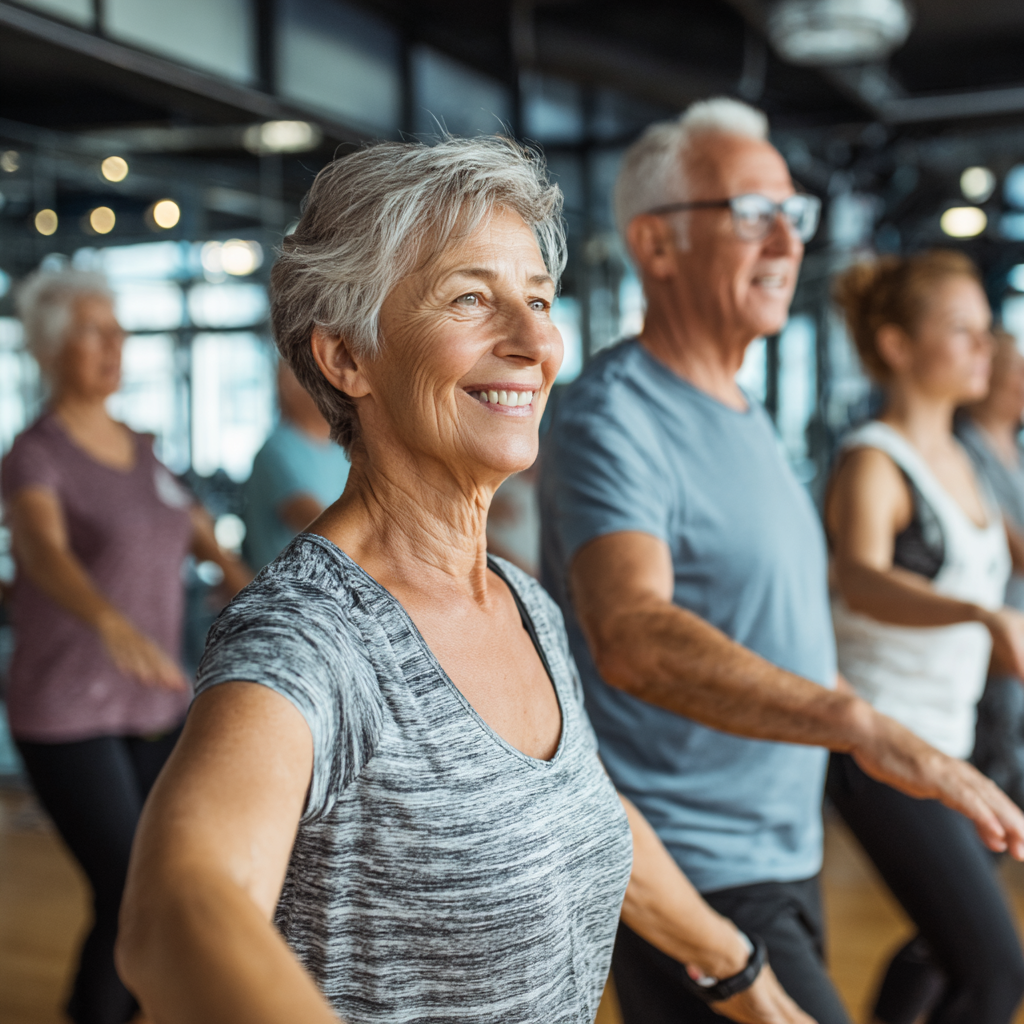 Група активних чоловіків та жінок віком 50-60 років виконує різноманітні вправи в просторому залі krabelfine з сучасним обладнанням