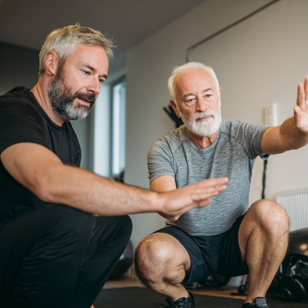 Досвідчений тренер krabelfine проводить персональну консультацію з чоловіком 58 років, показуючи правильну техніку виконання вправ