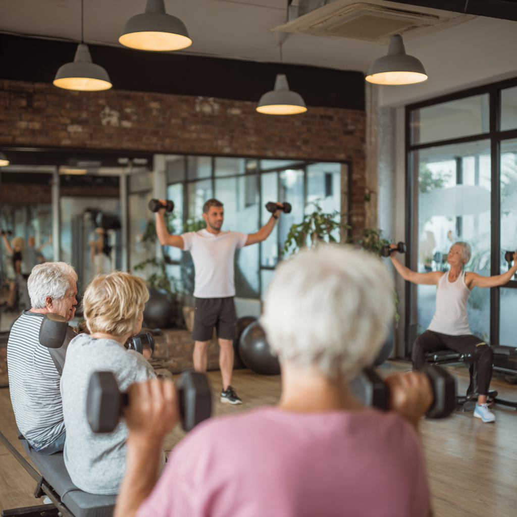 Затишний інтер'єр фітнес-студії krabelfine з групою активних людей віком 50-60 років, які займаються під керівництвом професійного тренера
