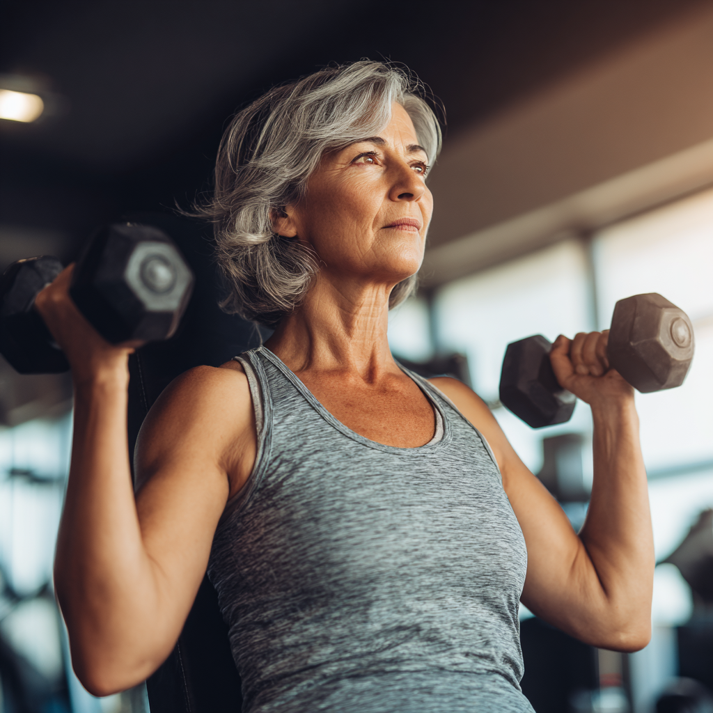Енергійна жінка 55 років виконує функціональні вправи з гантелями в сучасному фітнес-залі krabelfine